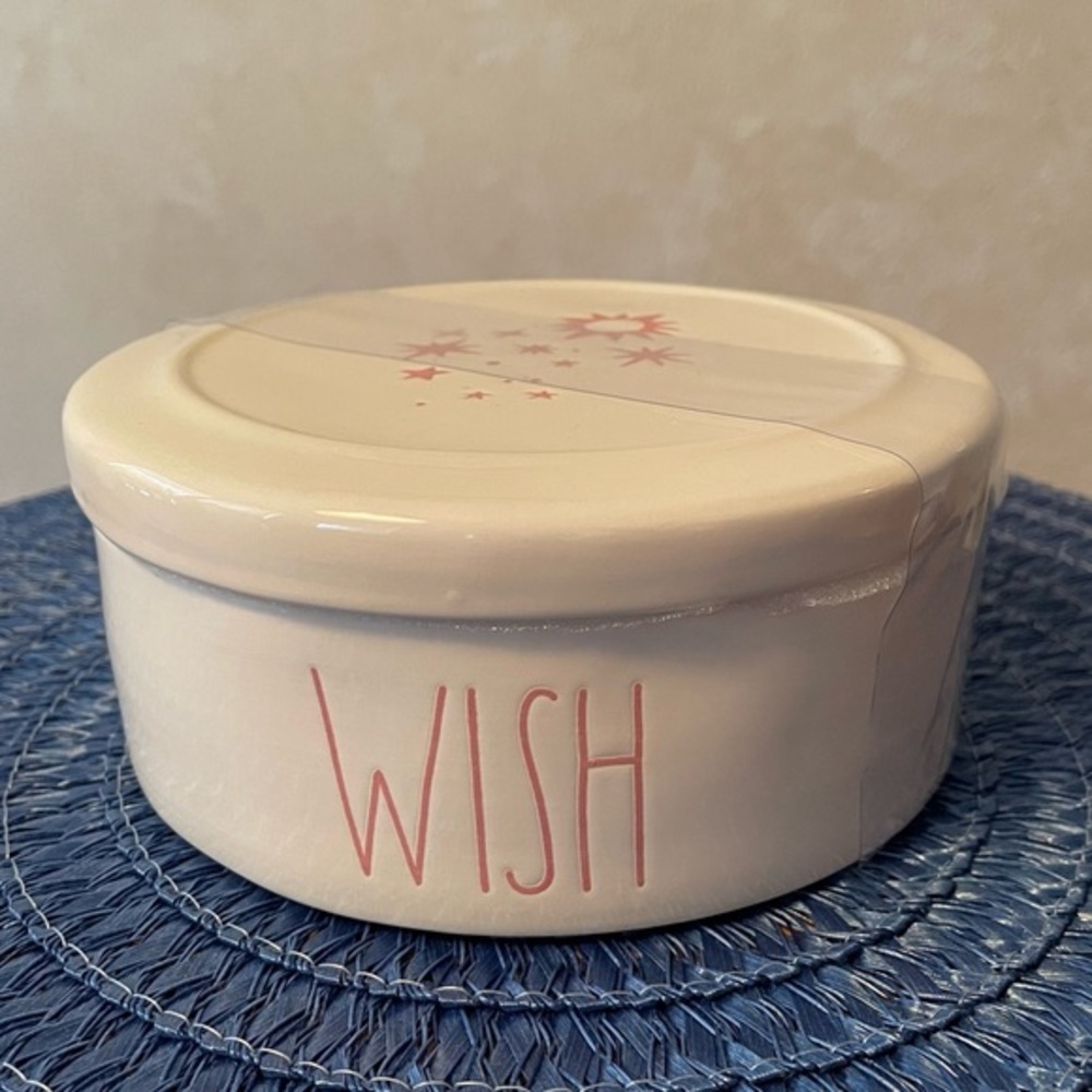 Rae Dunn WISH White Round Ceramic Container with Star Designs on Lid BRAND NEW!!